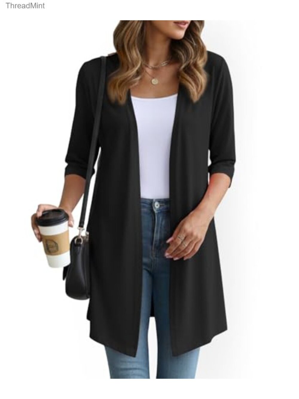 Lightweight Open Front Cardigan 3/4 Sleeve Long Knit Sweater Women
